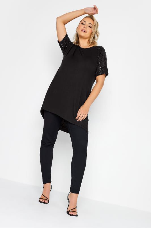 Plus Size Black Sequin Shoulder T-Shirt | Yours Clothing 2