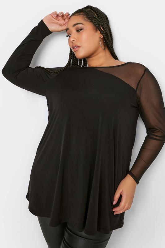 LIMITED COLLECTION Plus Size Black Half Mesh Sleeve Swing Top | Yours Clothing 2