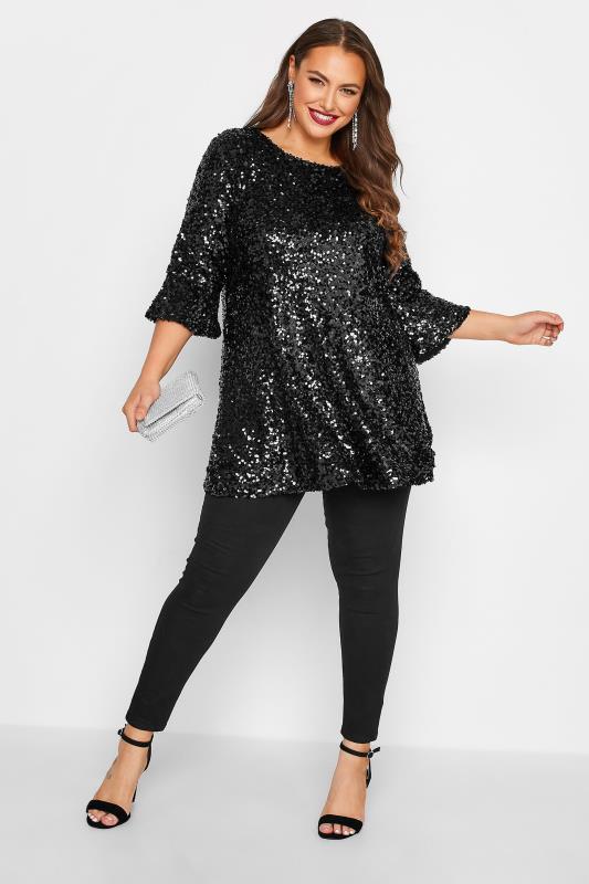 YOURS LONDON Plus Size Black Sequin Embellished Flute Sleeve Top | Yours Clothing 2