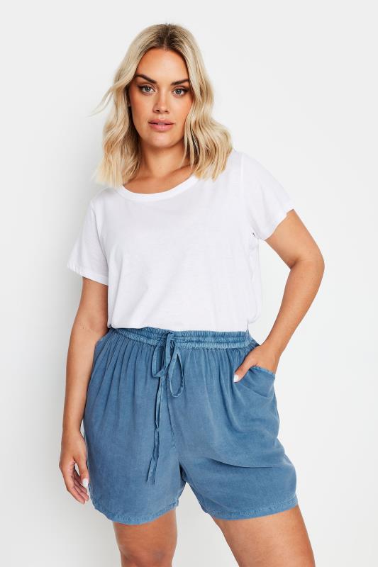 YOURS Plus Size Blue Acid Wash Chambray Shorts | Yours Clothing 1