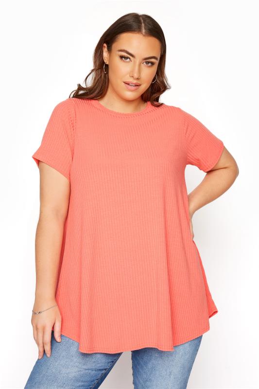 Plus Size  LIMITED COLLECTION Curve Coral Orange Ribbed Swing T-Shirt