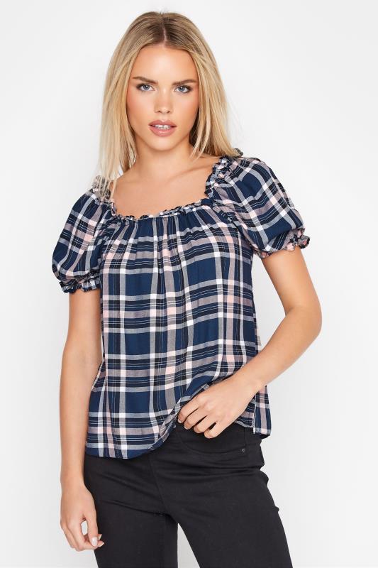 Petite Navy Blue Check Gypsy Detail Top 1