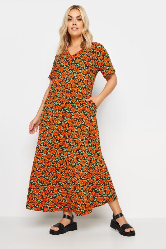 Plus Size  YOURS Curve Orange Floral Print Pleated Front Maxi Dress
