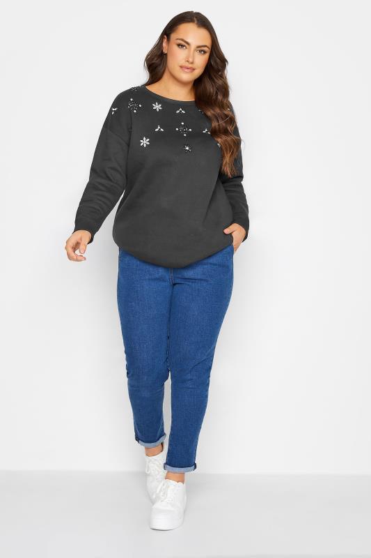 Plus Size Black Diamante Embellished Flower Sweatshirt | Yours Clothing  3