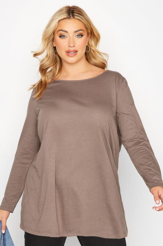  Grande Taille Curve Mocha Brown Long Sleeve T-Shirt