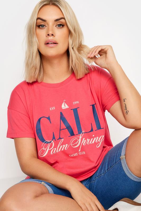 Plus Size  YOURS Curve Red 'Cali Palm Springs' Slogan T-Shirt