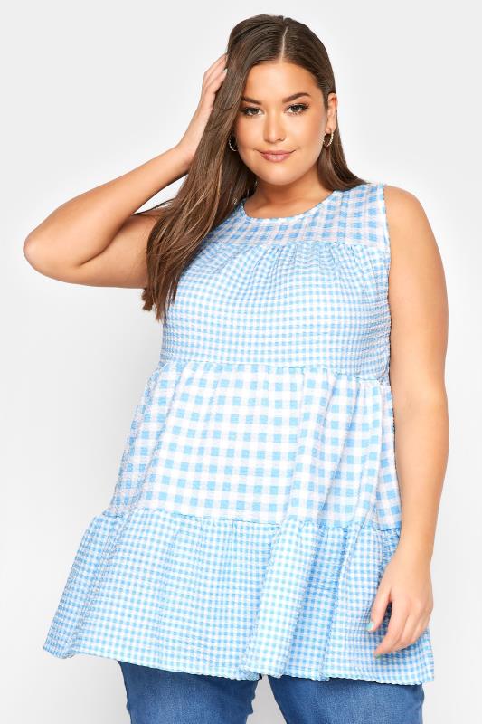 LIMITED COLLECTION Curve Blue Contrast Gingham Tiered Vest Top 1