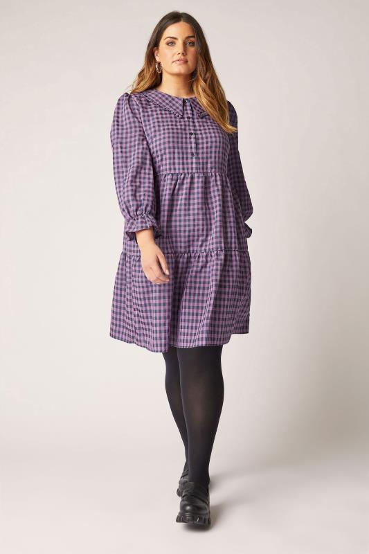  dla puszystych THE LIMITED EDIT Purple Gingham Smock Shirt Dress