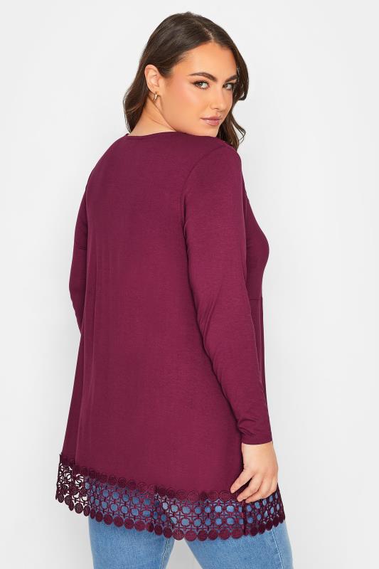 Plus Size Dark Pink Crochet Trim Long Sleeve Tunic Top | Yours Clothing 3