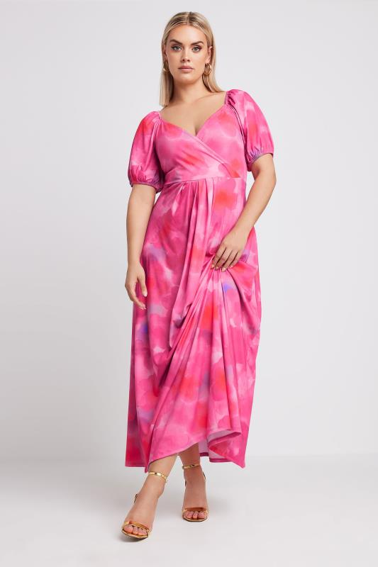 LIMITED COLLECTION Plus Size Pink Blur Floral Print Wrap Maxi Dress | Yours Clothing 1