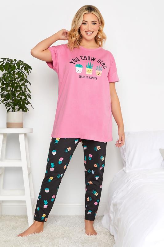 YOURS Plus Size Pink 'You Grow Girl' Tapered Pyjama Set | Yours Clothing 1