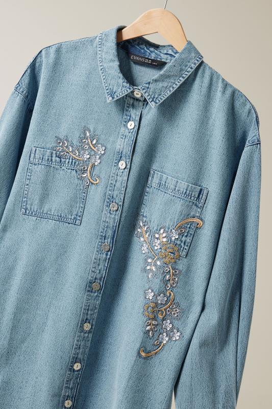 EVANS Plus Size Blue Denim Sequin Embellished Shirt | Evans 8