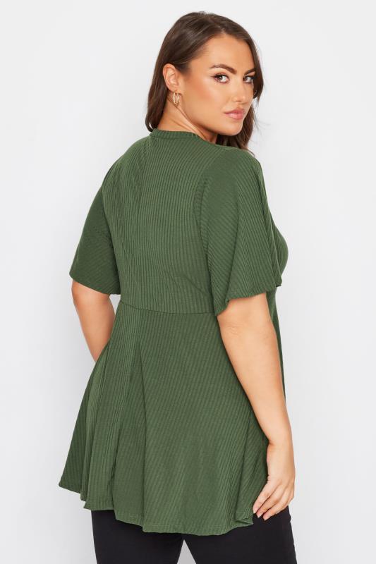 LIMITED COLLECTION Plus Size Khaki Green Keyhole Ribbed Peplum Top | Yours Clothing 3