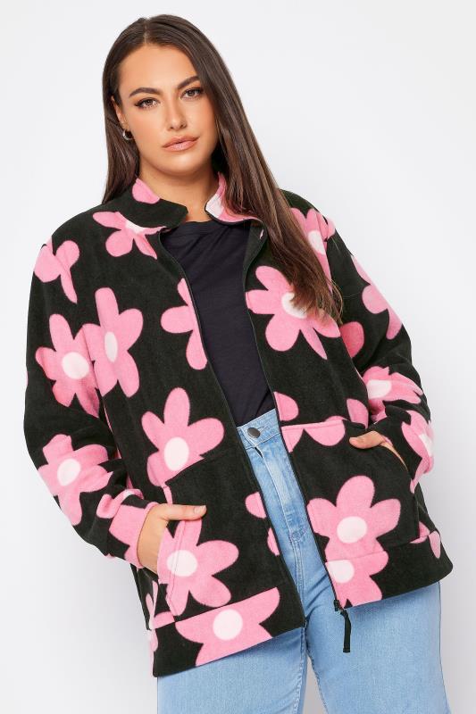 YOURS Plus Size Black Floral Zip Fleece Jacket | Yours Clothing 1