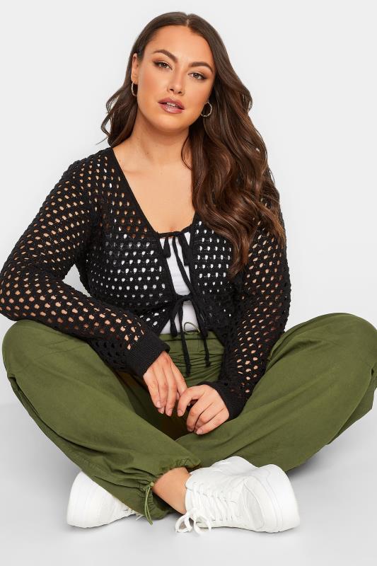 YOURS Plus Size Black Crochet Double Tie Cardigan | Yours Clothing 4