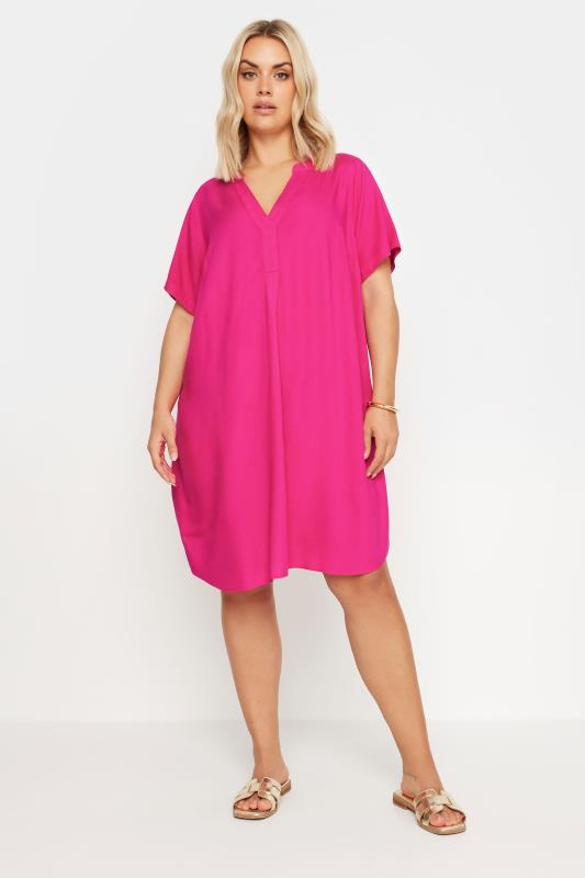 YOURS Plus Size Hot Pink Short Sleeve Tunic Dress | Yours Clothing 1