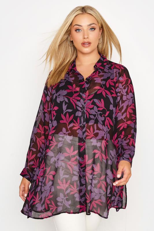 Curve Black & Purple Floral Chiffon Shirt 3