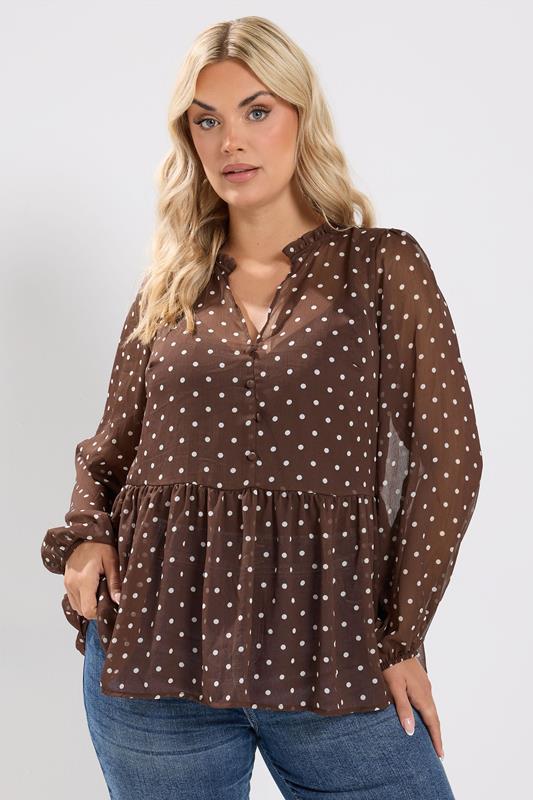 YOURS Plus Size Chocolate Brown Polka Dot Blouse | Yours Clothing