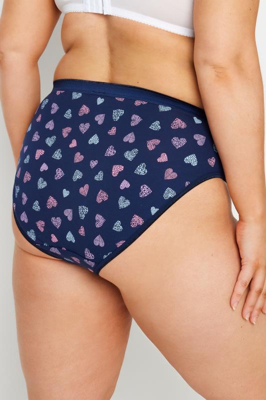 YOURS 5 PACK Plus Size Navy Blue Heart Print High Leg Knickers | Yours Clothing 3
