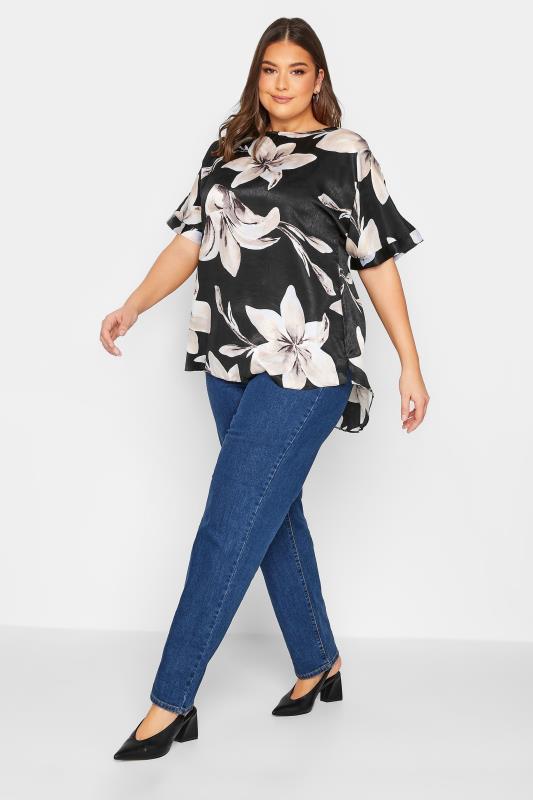 YOURS Plus Size Black Floral Print Keyhole Back Blouse | Yours Clothing 2