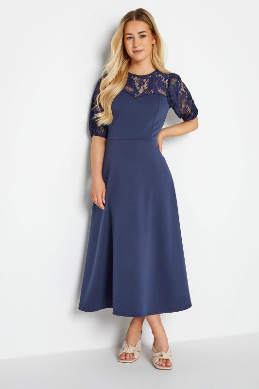 Petite Navy Blue Lace Midi Dress | PixieGirl  1