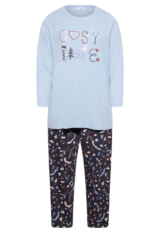 Plus Size Blue 'Cosy Time' Christmas Print Pyjama Set | Yours Clothing 6