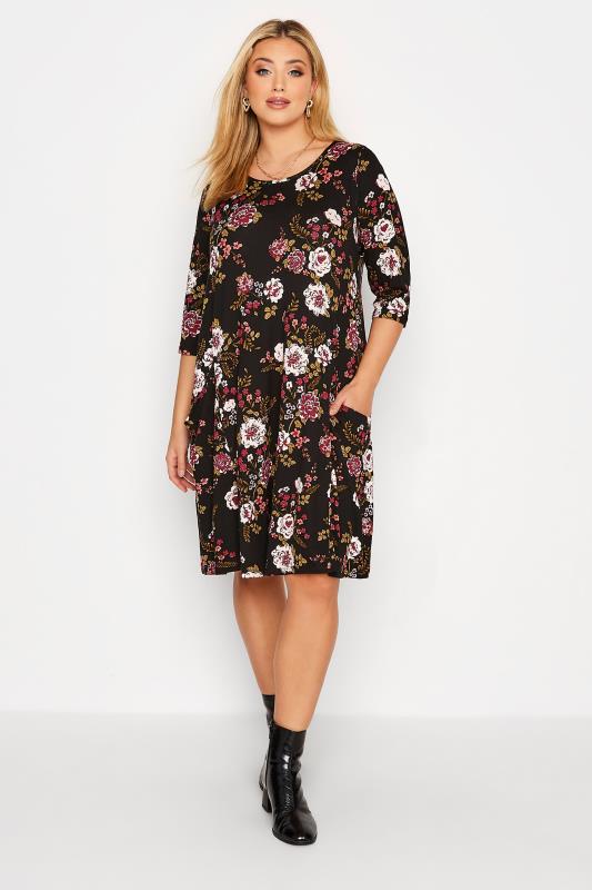 Plus Size Black Floral Print Drape Pocket Dress | Yours Clothing 2