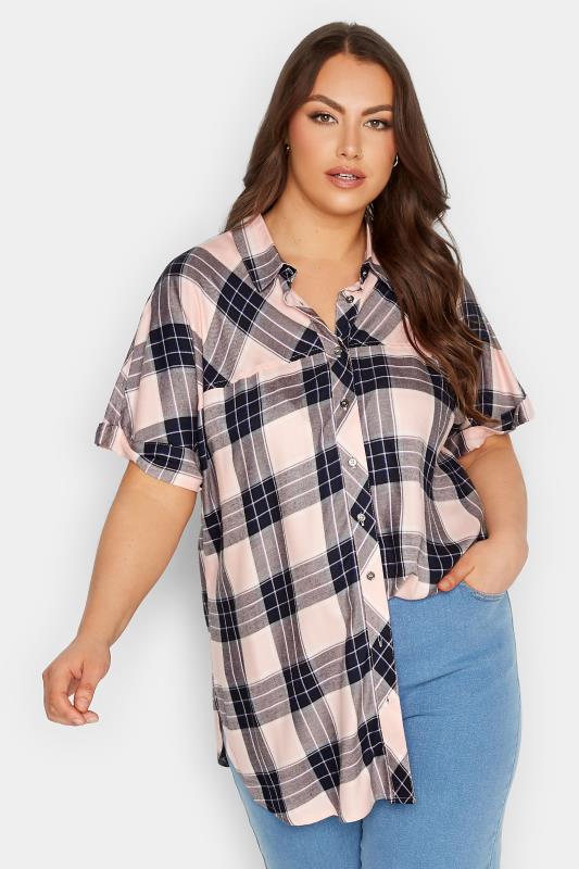 YOURS Plus Size Curve Pink Check Short Sleeve Shirt | Yours Clothing  1