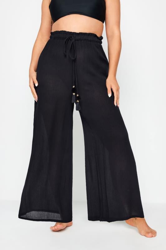 Plus Size Black Wide Leg Beach Trousers | Yours Clothing 1