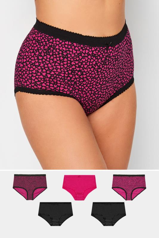 YOURS Plus Size 5 PACK Black & Pink Heart Print Full Briefs | Yours Clothing  1