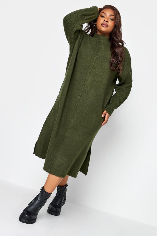 YOURS Plus Size Khaki Green Front Seam Detail Jumper Dress | Yours Clothing 3