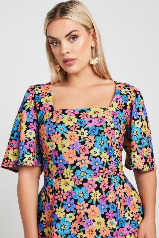 LIMITED COLLECTION Plus Size Black Floral Print Angel Sleeve Mini Dress | Yours Clothing 4