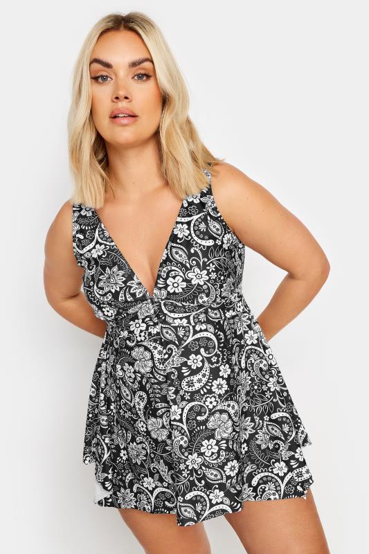 YOURS Plus Size Black Paisley Print Buckle Front Tankini Top | Yours Clothing 1