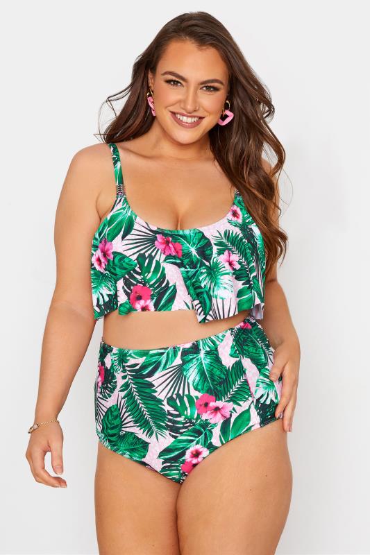 Plus Size  Curve Pink Tropical Frill Detail Bikini Top