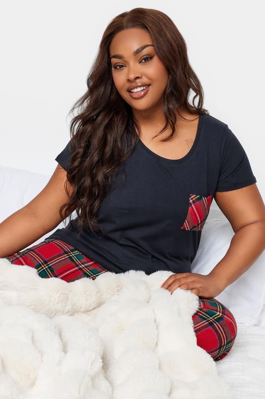 LIMITED COLLECTION Plus Size Navy Blue Tartan Check Pocket Pyjama Top | Yours Clothing 8