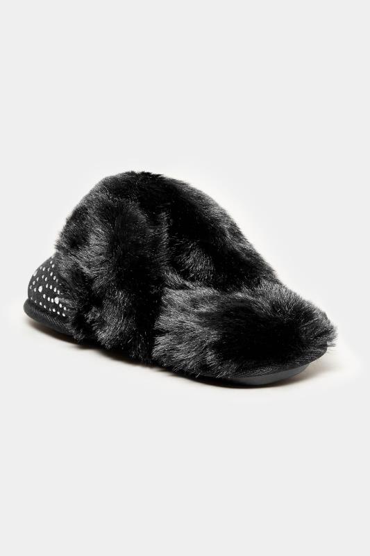 Black Faux Fur Diamante Embellished Mule Slippers In Extra Wide EEE Fit | Yours Clothing 4
