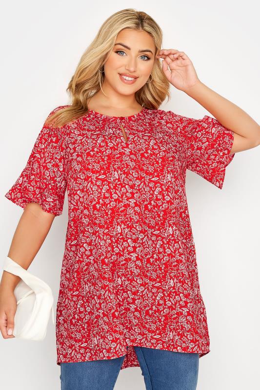 Plus Size  Curve Red Floral Print Frill Sleeve Keyhole Top