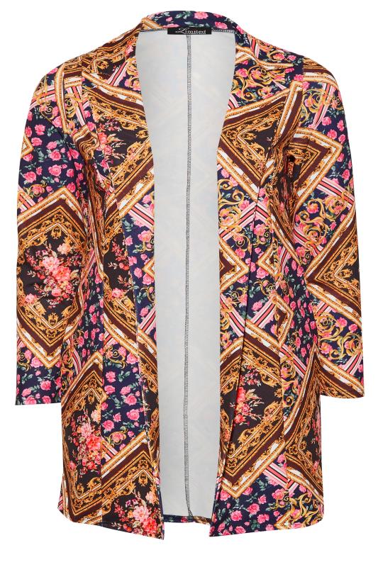 YOURS Curve Navy Blue & Brown Floral Scarf Print Blazer | Yours Clothing  6