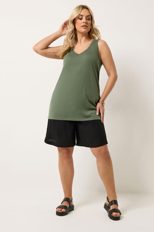YOURS Plus Size Khaki Green V-Neck Basic Vest Top | Vest Top 1