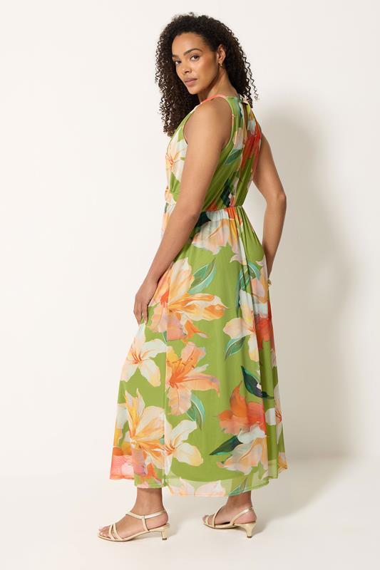 M&Co Green Floral Print Mesh Knot Front Halter Maxi Dress | M&Co 4