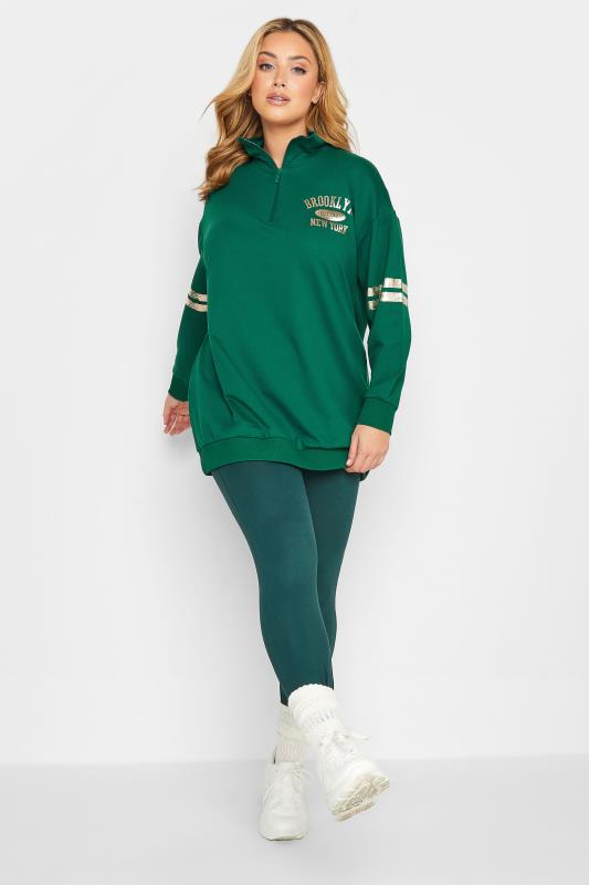 Plus Size Green Metallic 'Brooklyn' Varsity Half Zip Sweatshirt | Yours Clothing 2