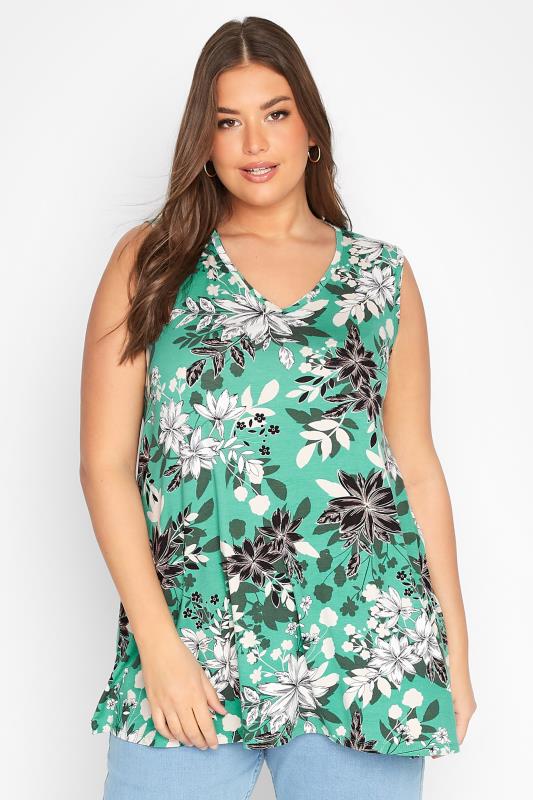Plus Size Green Tropical Tie Back Vest Top | Yours Clothing  1