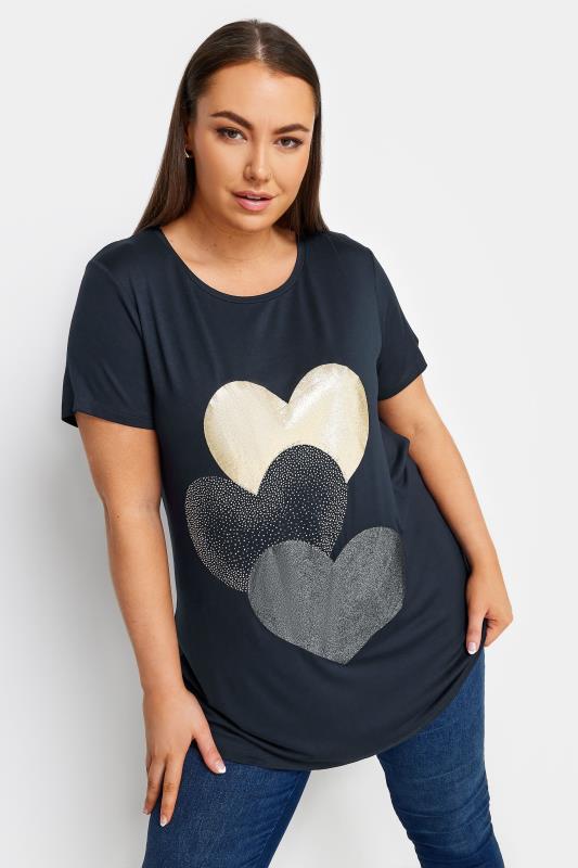 YOURS Curve Plus Size Navy Blue Glitter Heart Print T-Shirt | Yours Clothing  1