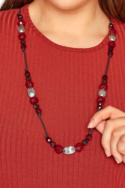 Plus Size  Red & Silver Beaded Necklace