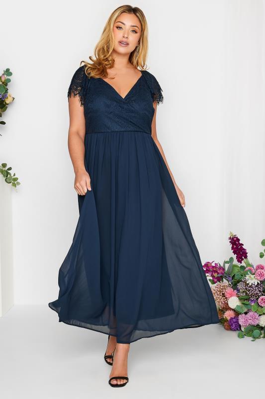  Grande Taille YOURS LONDON Curve Navy Blue Lace Detail Wrap Maxi Dress