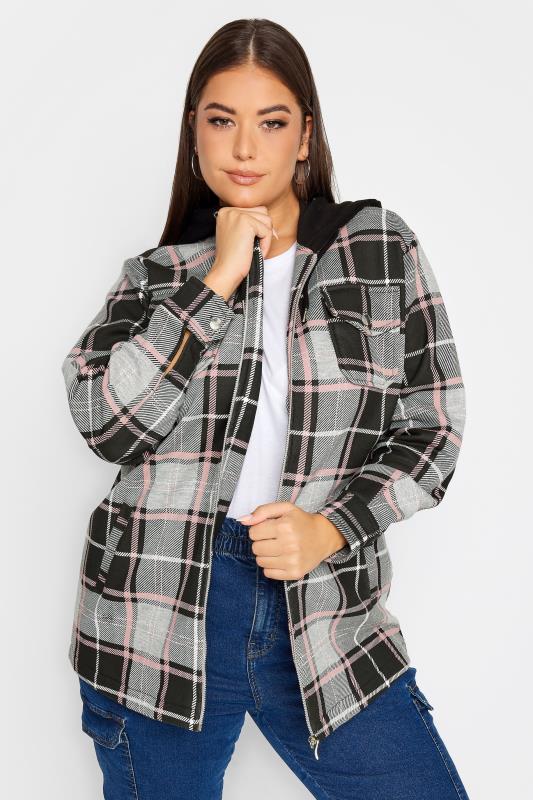 Plus Size  YOURS Curve Black & Pink Check Hooded Shacket