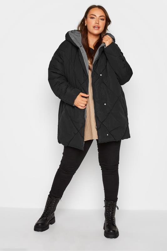 Plus Size Black Quilted Shawl Collar Coat | Yours Clothing 2