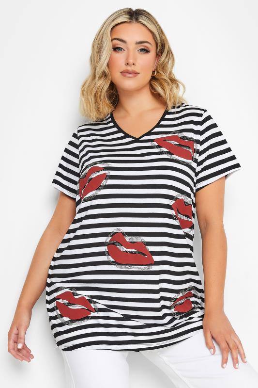 YOURS Plus Size Black Stripe Lips Printed T-Shirt | Yours Clothing 1