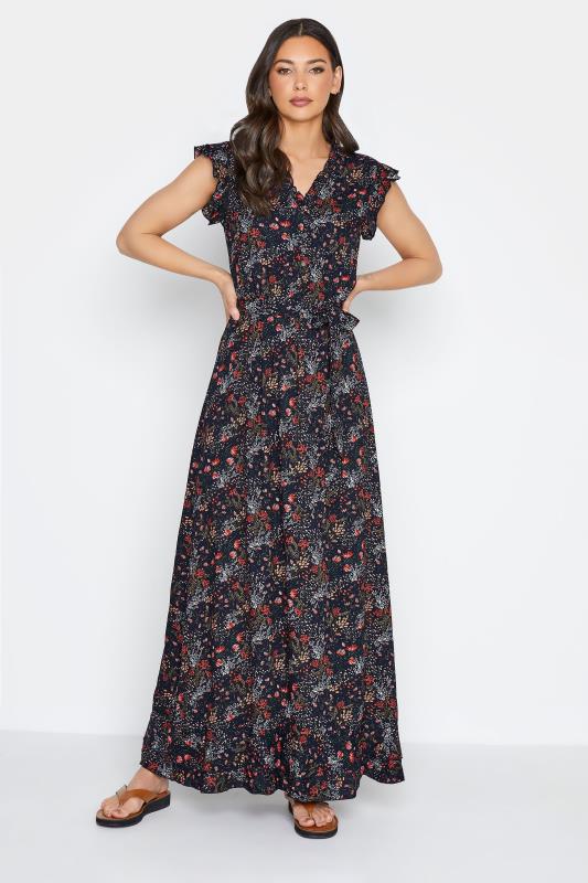 LTS Tall Black Mini Floral Frill Maxi Dress 1