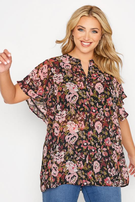 Plus Size  YOURS Curve Black & Pink Short Frill Sleeve Shirt